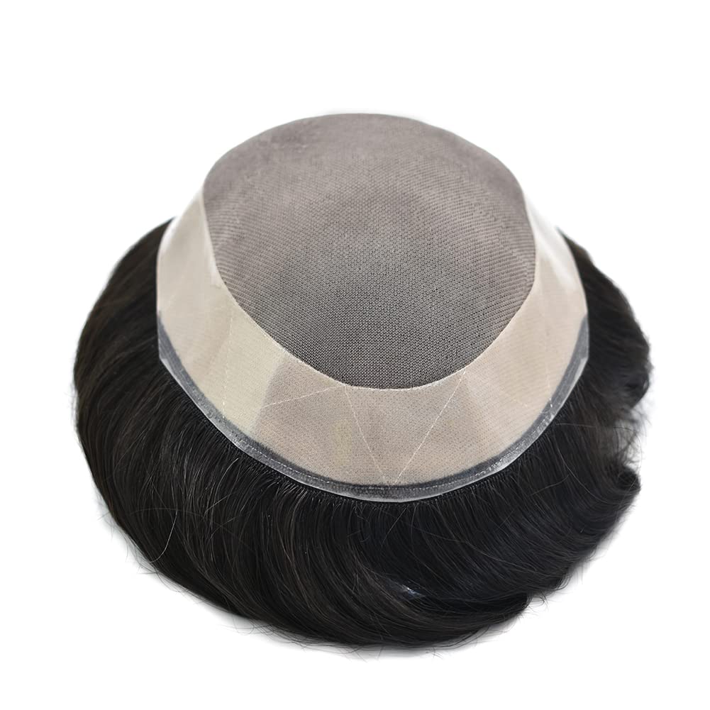 Mens Toupee Wigs Hair System for Men Human Hair Piece Replacement Fine Mono Mens Hair Unit Poly Skin Around Monofilament Toupee for Men (7''x9'', #1B Off Black-140% Medium to Med-heavy Density)