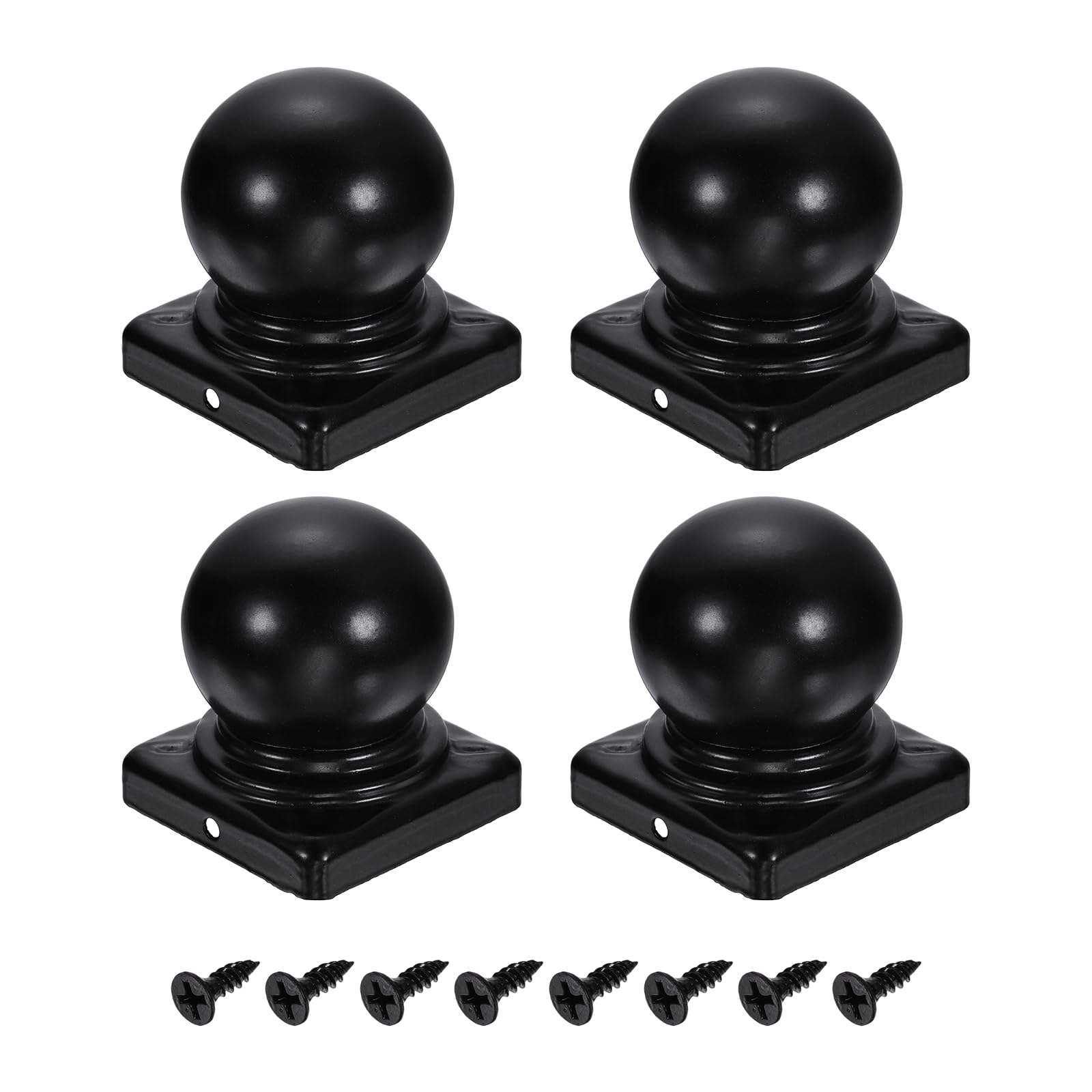 sourcing map 4Pcs Fence Post Caps, 60mm/2.36-inch Square Waterproof Ball Top Dome Iron Post Cap Cover with Screw Fit for Outdoor Metal Wood Fence Deck Mailbox Patio, Black