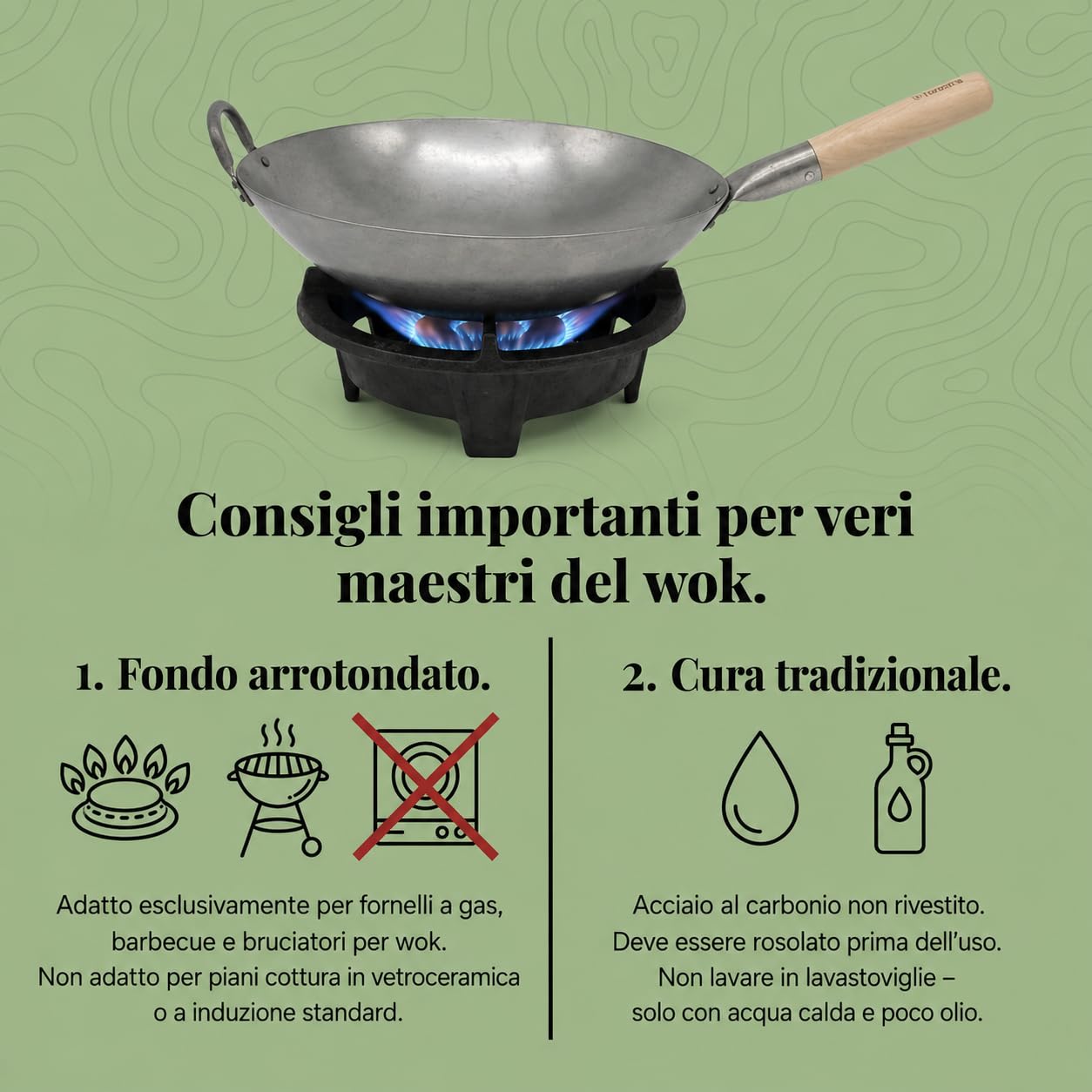 Homira Wok 36 cm in Acciaio al Carbonio, Martellato a Mano, Fondo Rotondo e Manico in Legno, Padella Wok Tradizionale Senza PFAS per Fornelli a Gas, Bruciatore Wok, Barbecue e Outdoor