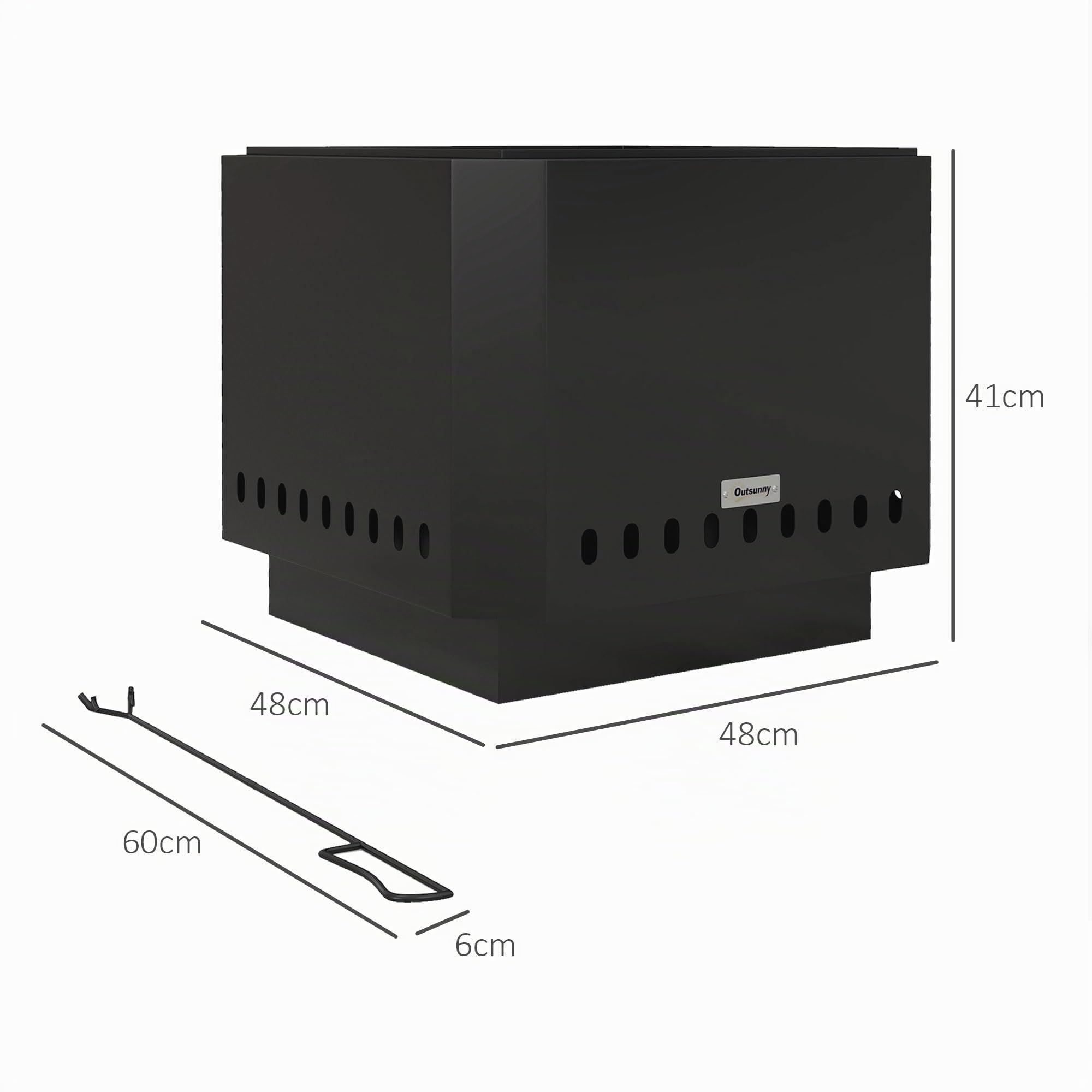 Outsunny Focolare senza fumo 48 cm portatile a legna, Nero | Stufa da falò quadrata in metallo, attizzatoio, giardino, campeggio