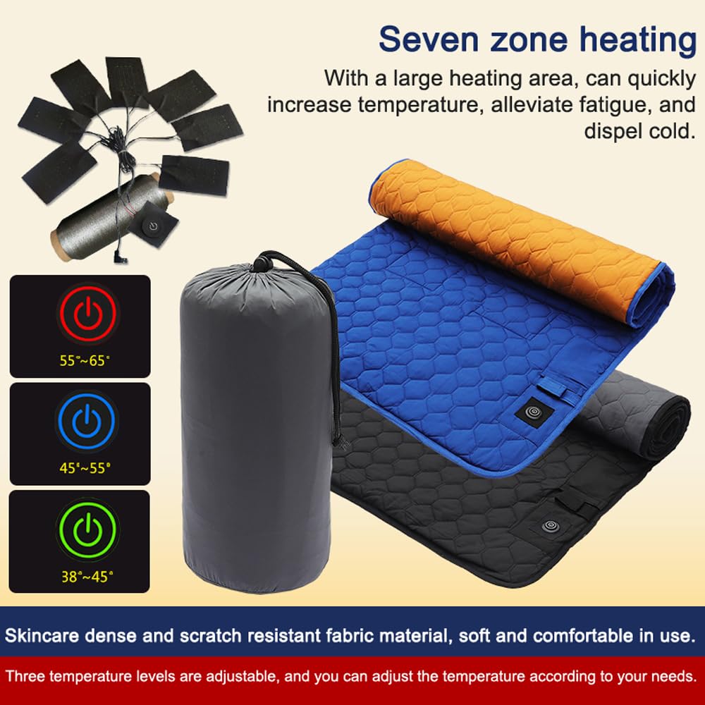 Pongnas Estera Calefactora USB, Almohadilla para Dormir con Calentamiento de 7 Zonas, Estera de Camping con Temperatura Ajustable y Bolsa de Almacenamiento para Uso en Interiores y (BLACK)