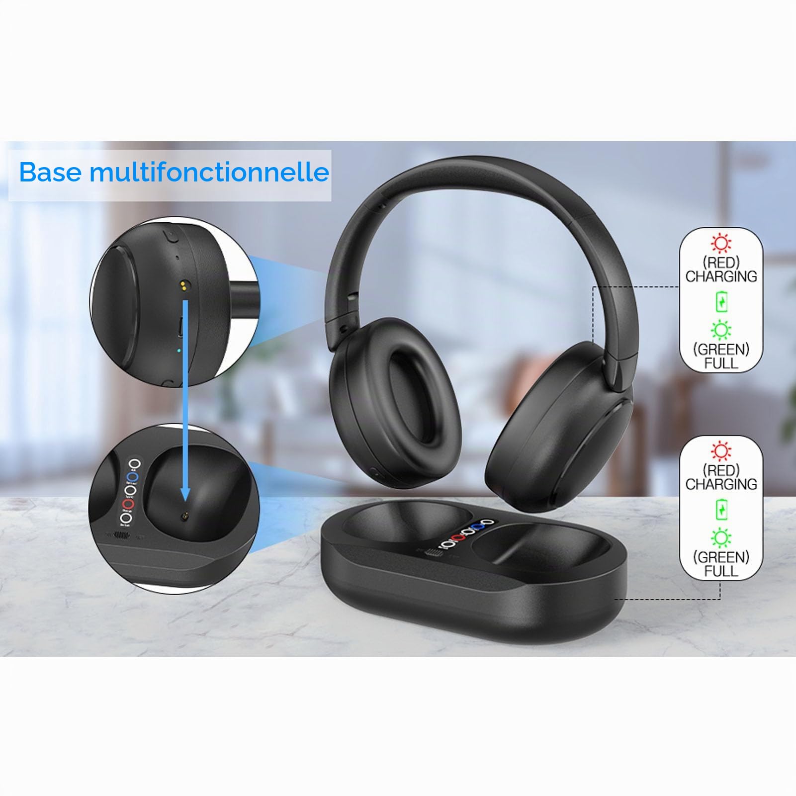 Tonysa Casque TV sans Fil avec Interfaces Optiques et AUX, Temps de Lecture de 50 Heures, Connexion à Double Périphérique, avec Quai de Chargement (Prise UE)