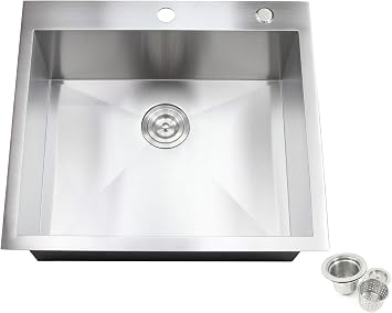 Contemporary Durable Zero Radius 16 Gauge Stainless Steel Single Bowl Topmount/Drop In Kitchen Sink with Lift-out Basket Strainer 25 Inch