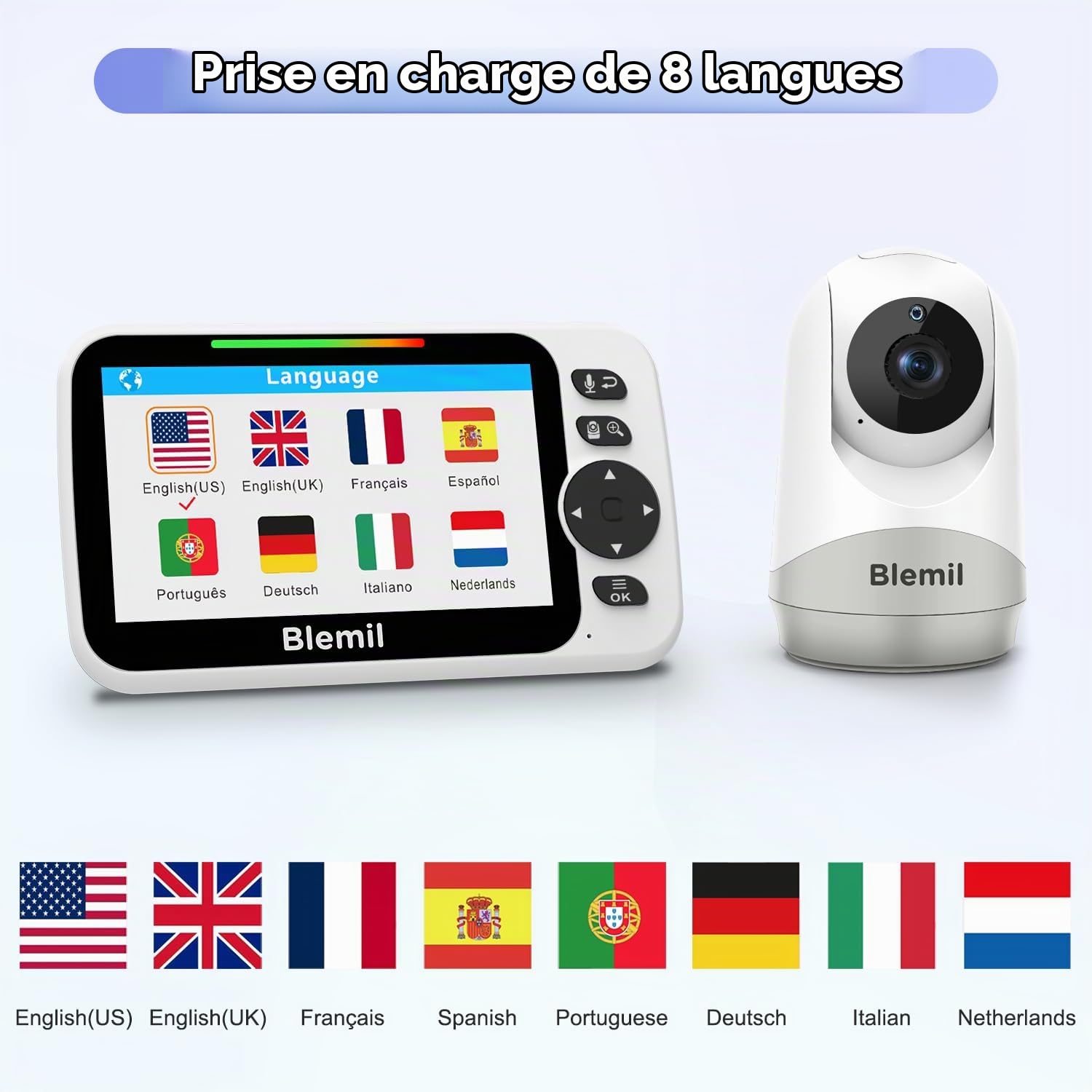 Blemil Moniteur Bébé Vidéo 5'', Écran Partagé, Modèle Amélioré, sans WiFi | Babyphone caméra bébé, mode ECO, vision nocturne, PTZ à distance, interphone bidirectionnel et berceuses