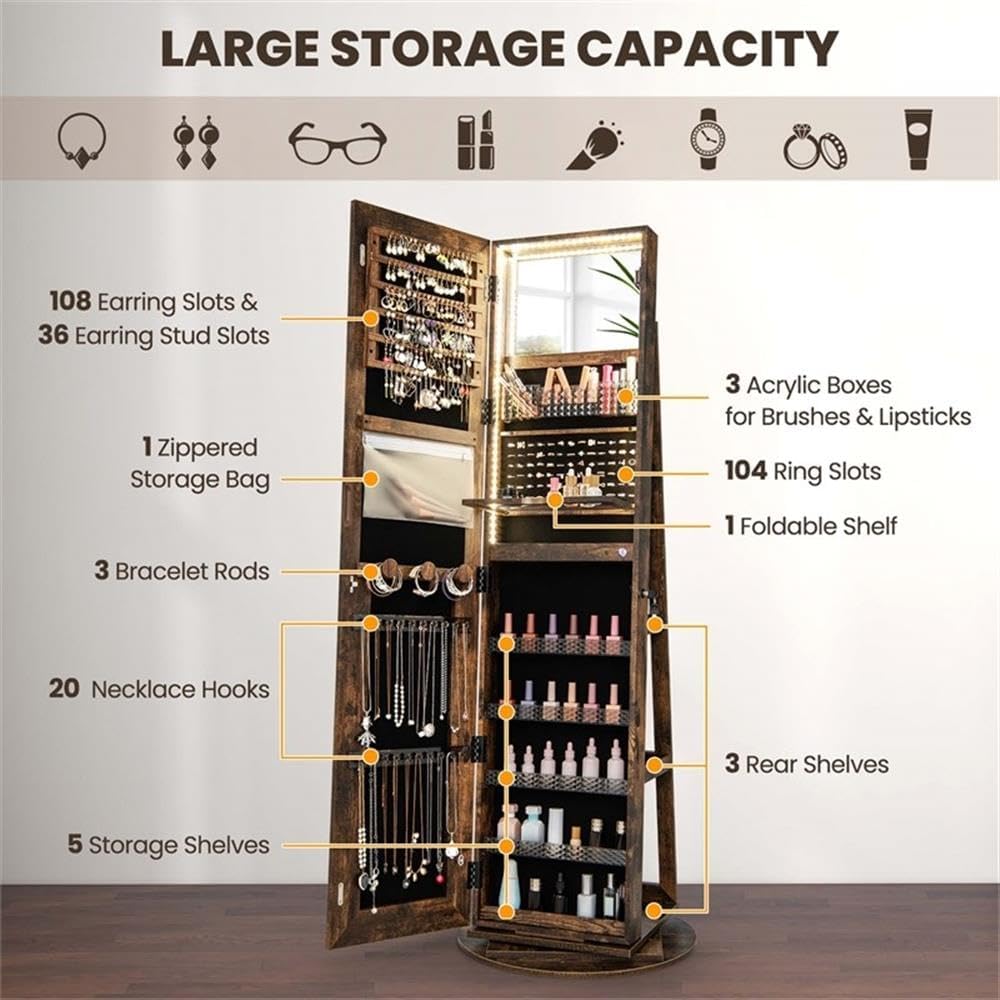 Pemberly Row Swivel Jewelry Cabinet Organizer, Full-Length LED Mirror, Coffee Finish, Lockable, 108 Earring Slots, Necklace Hooks, Ring Slots, Shelves, 360° Rotating Base for Bedroom Storage