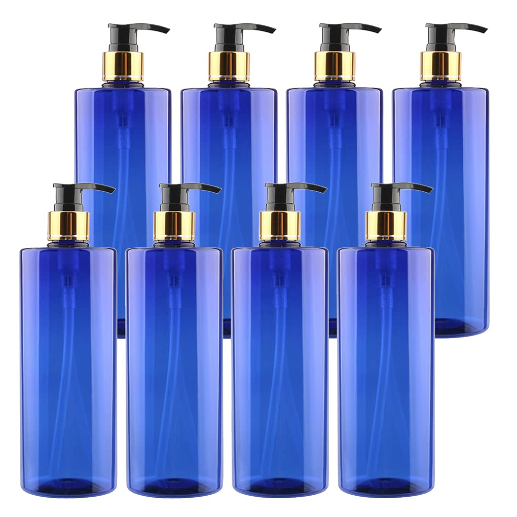 8 Pezzi Blu Vuoto Plastica Bottiglie Dosatori con Oro/Nera Pompetta Dispenser Flacone Ricaricabile per Shampoo Lozione Gel