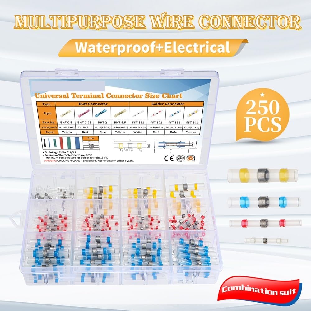 Kit di connettori for Cavi termorestringenti da 250 Pezzi, Kit di connettori for Saldatura, Kit di connettori for Saldatura for Uso automobilistico e Marino, Kit Isolato