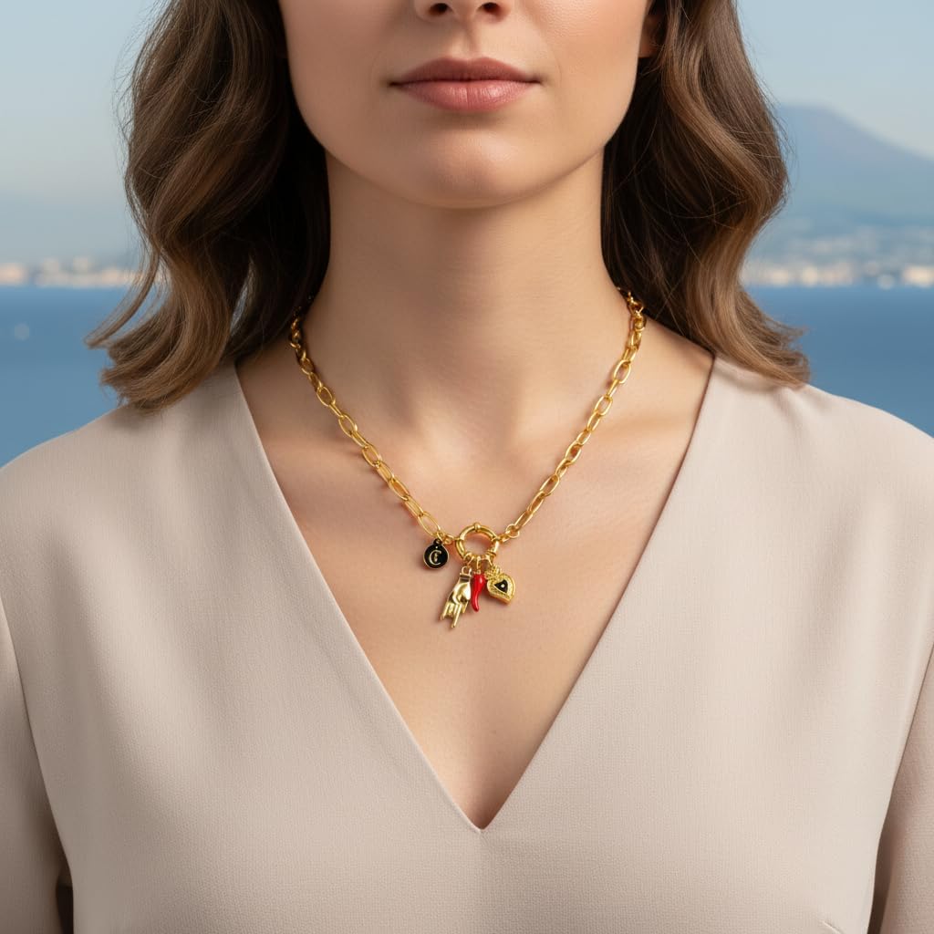 Collier Vabbe Femme Chaîne Maillon, Corne, Mano Cornuto, Cœur Sacré en acier