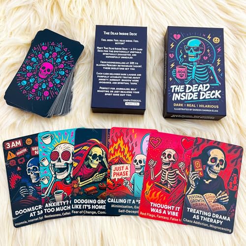 Image of DPEHAKMK The Dead Inside Oracle Deck, 54 Dark Humor Skeleton Oracle Cards for Beginners, Funny Halloween Skeleton Oracle Cards, Shadow Work Deck for Anxiety, Self-Awareness, and Modern Life Meltdowns