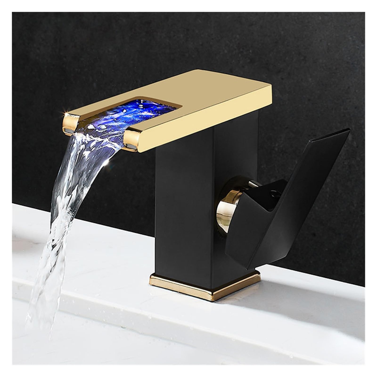 bateria umywalkowa, Bateria umywalkowa z wyświetlaczem LED i wodospadem, do montażu na blacie umywalki łazienkowej(Mp46 Black gold)