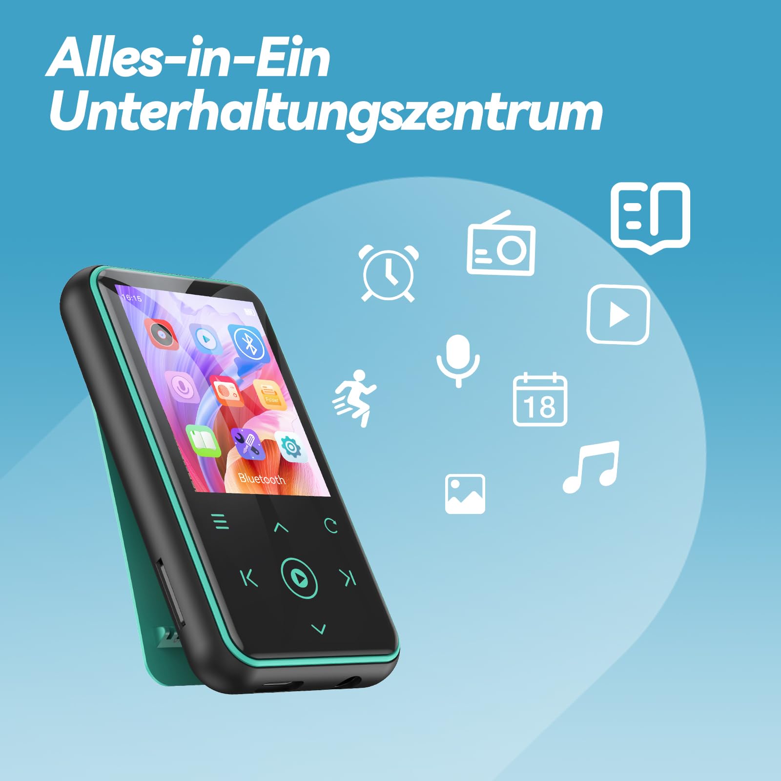 AGPTEK 64GB MP3 Player mit Sport Clip, Bluetooth 5.3 Player mit 1,8 Zoll TFT Farbbildschirm, Mini Musik Player mit Touch-Tasten, FM Radio, Schrittzähler, unterstützt bis 128GB SD Karte, Blau