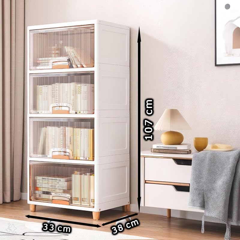 Image of LUHI Multi-Purpose Organizer | Modular Storage Box for Clothes, Kitchen, Bedroom & Living Room | Stackable Rack, Space-Saving Wardrobe Cabinet (Crystal White, 4-Layer)