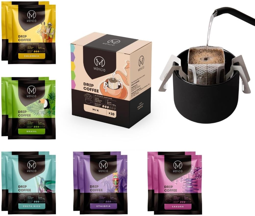 Mondo Drip Coffee Blend (Pack of 10) Single Serving Filter Bags Pre-filled 100% Arabica Medium Roast