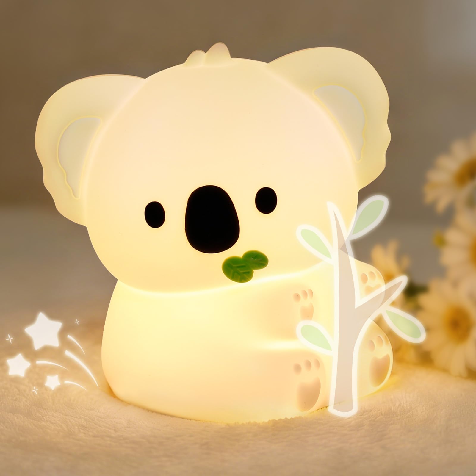 AUAUY Koala Night Light, Cute Animal Silicone Koala Nightlights with 3 Level Warm Light and 7 Colors Timer, USB Rechargeable Touch Control Bedside Lamp, for Birthday Gifts, Desk Decoration