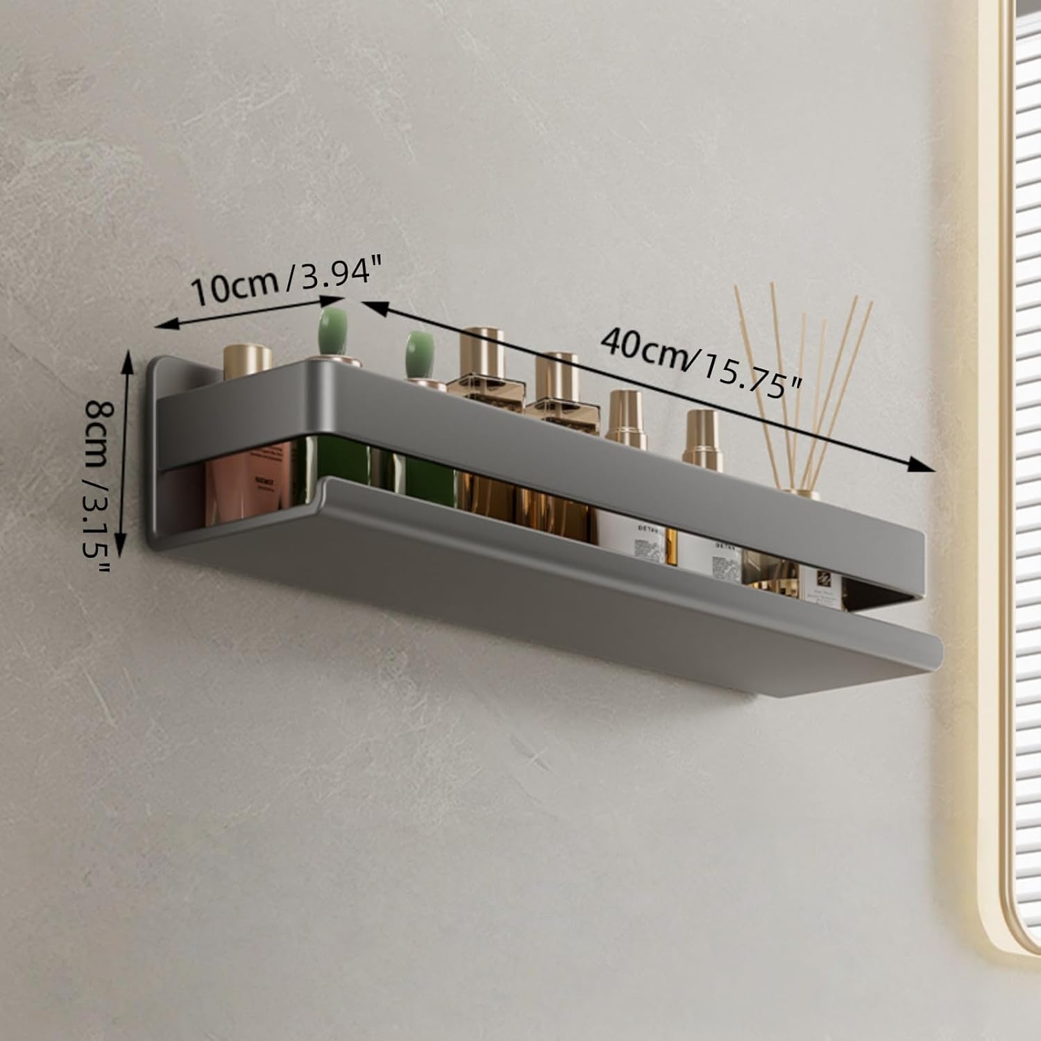 Adhesive Wall Mount Spice Rack Carbon Steel, No-Drill Dark Gray Wall Spice Racks for Kitchen, Multi-Purpose Spice Storage Organizer, Kitchen Bathroom Storage Shelf for Countertop Cabinet