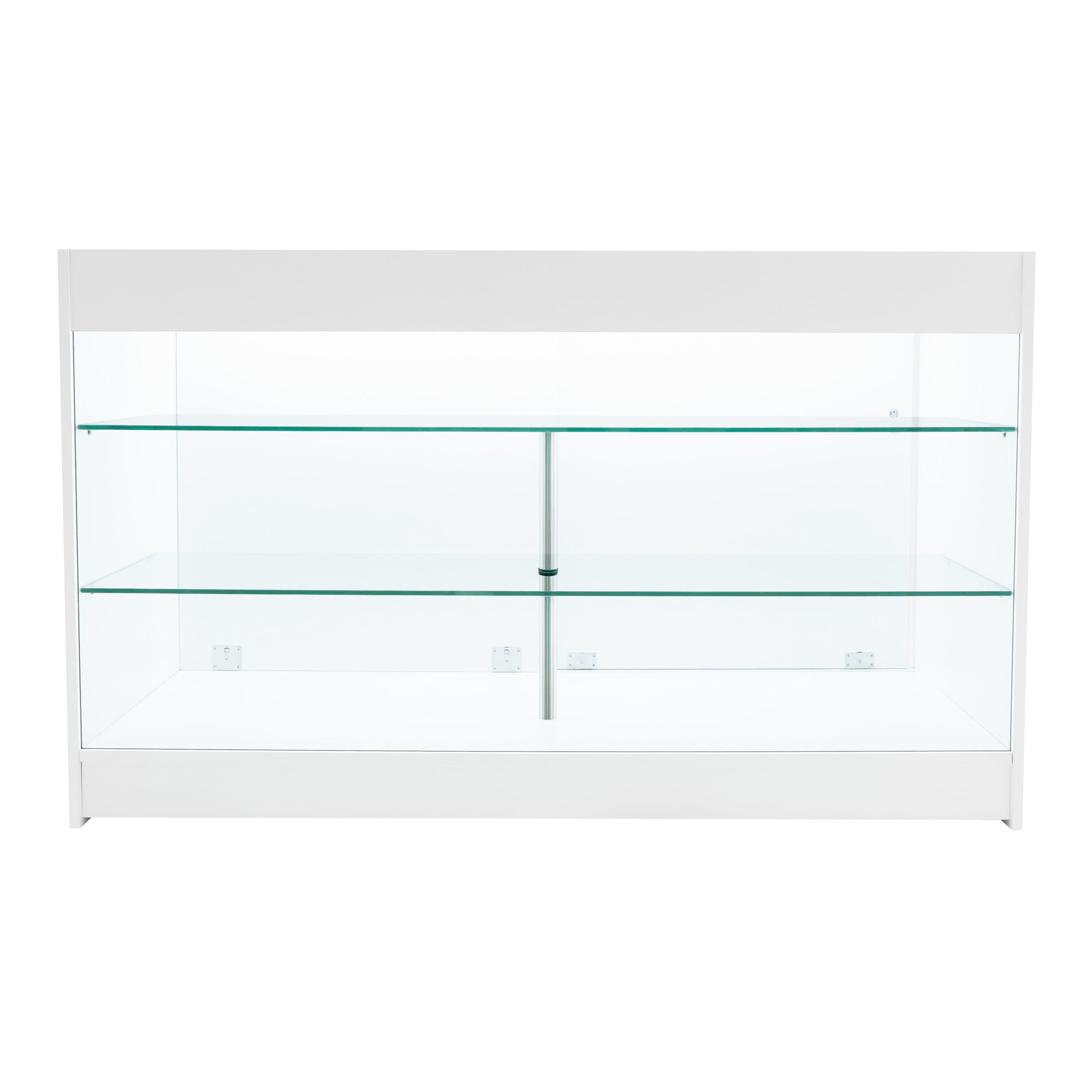 Comptoir de Vente en MDF Blanc LED Blancs Intégrés K1500 3 Étagères Portes Coulissantes Verouillables Rangement Commerciale Vitrine en Verre Acceuil Réception Bureau Vêtements Bijoux [2 Clés INCLUS]