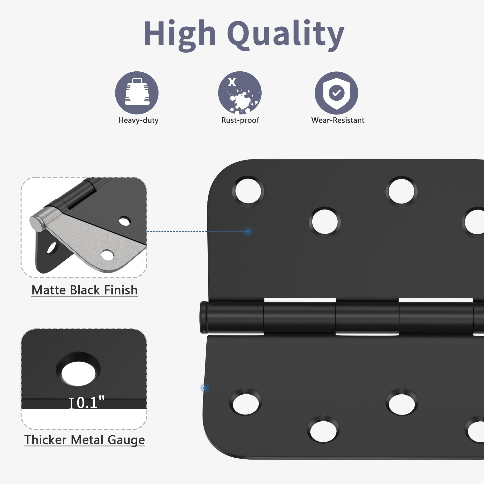 Paquete de 6 bisagras de puerta de 4 pulgadas, bisagras negras mate con radio de 5/8 pulgadas y esquinas cuadradas, pasador extraíble, bisagras de puerta exterior, perfectas para puerta delantera y