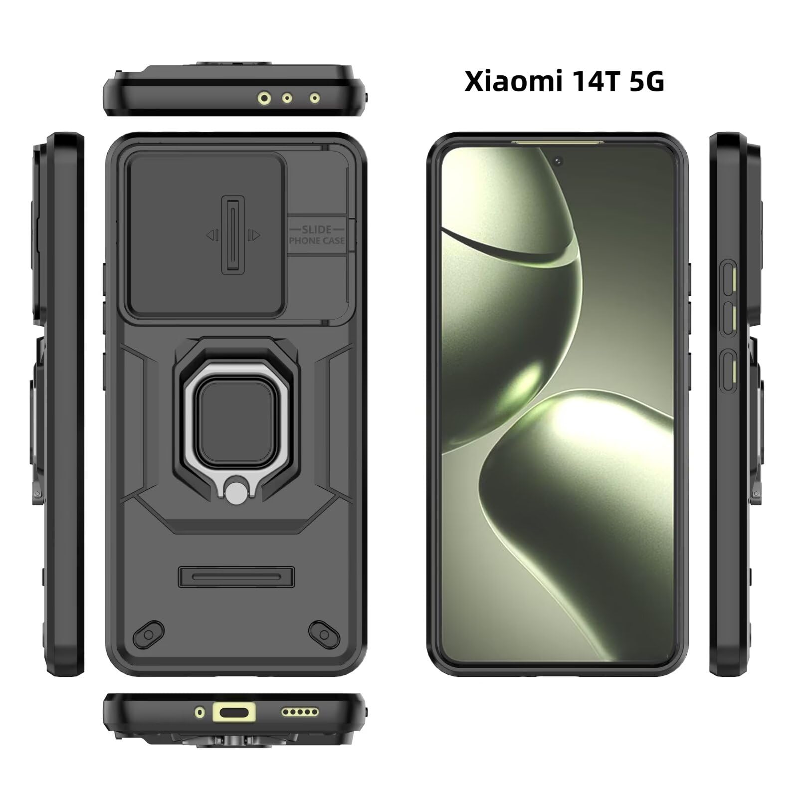DERHAN Etui do Xiaomi 14T 5G, odporne etui z hartowanym szkłem [2 sztuki] + osłona aparatu [ochrona aparatu], obudowa antywstrząsowa z uchwytem - czarna