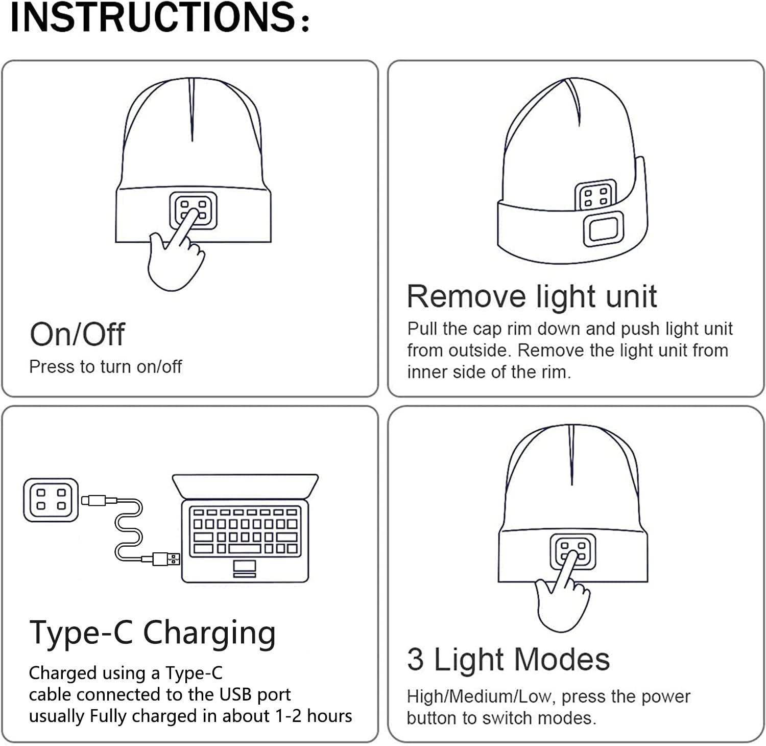 3 Luci LED Ricaricabili Di Ricambio Per Cappello, Impermeabili IP44, 3 Livelli Luminosità, Luce Bianca, USB - 3