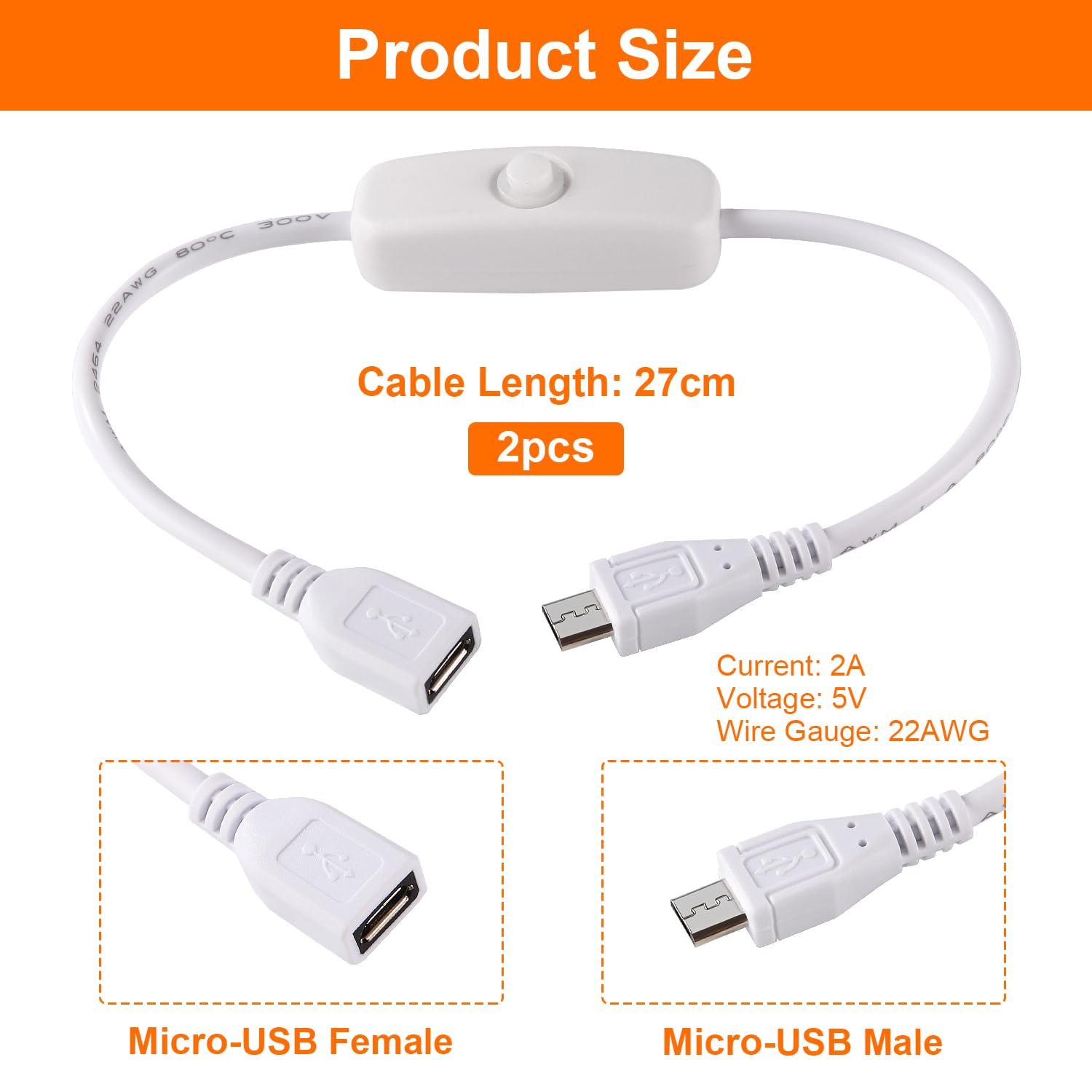 KUOQIY 2 PCS 0.27m Micro USB Extension Cable with On/Off Switch, for LED Desk Lamp LED Strip White, Micro USB - 0.27m - Image 2