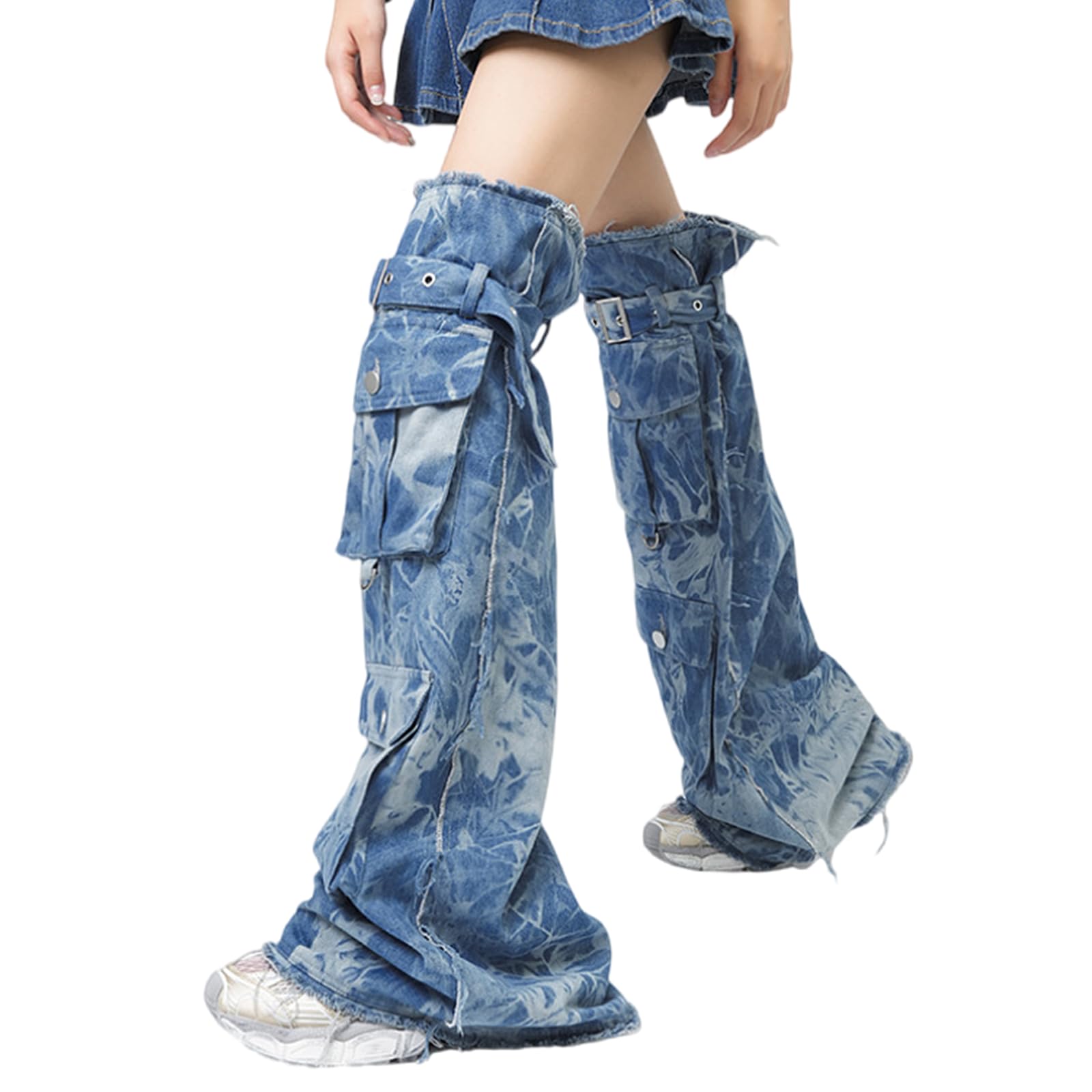 Over The Knee Tie Dye Leg Warmers for Women Subcultures Punk Denims Leg Covers Belted Baggy Loose Leg
