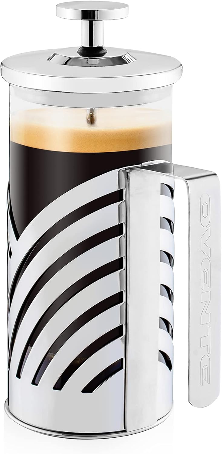 OVENTE French Press Coffee Maker 12 Ounce with Heat Resistant Borosilicate Glass, Stainless Steel Design and 4-Level Filter System, Portable Cold Brewer Pot for Travel, Camping or Gift, Silver FSD12P