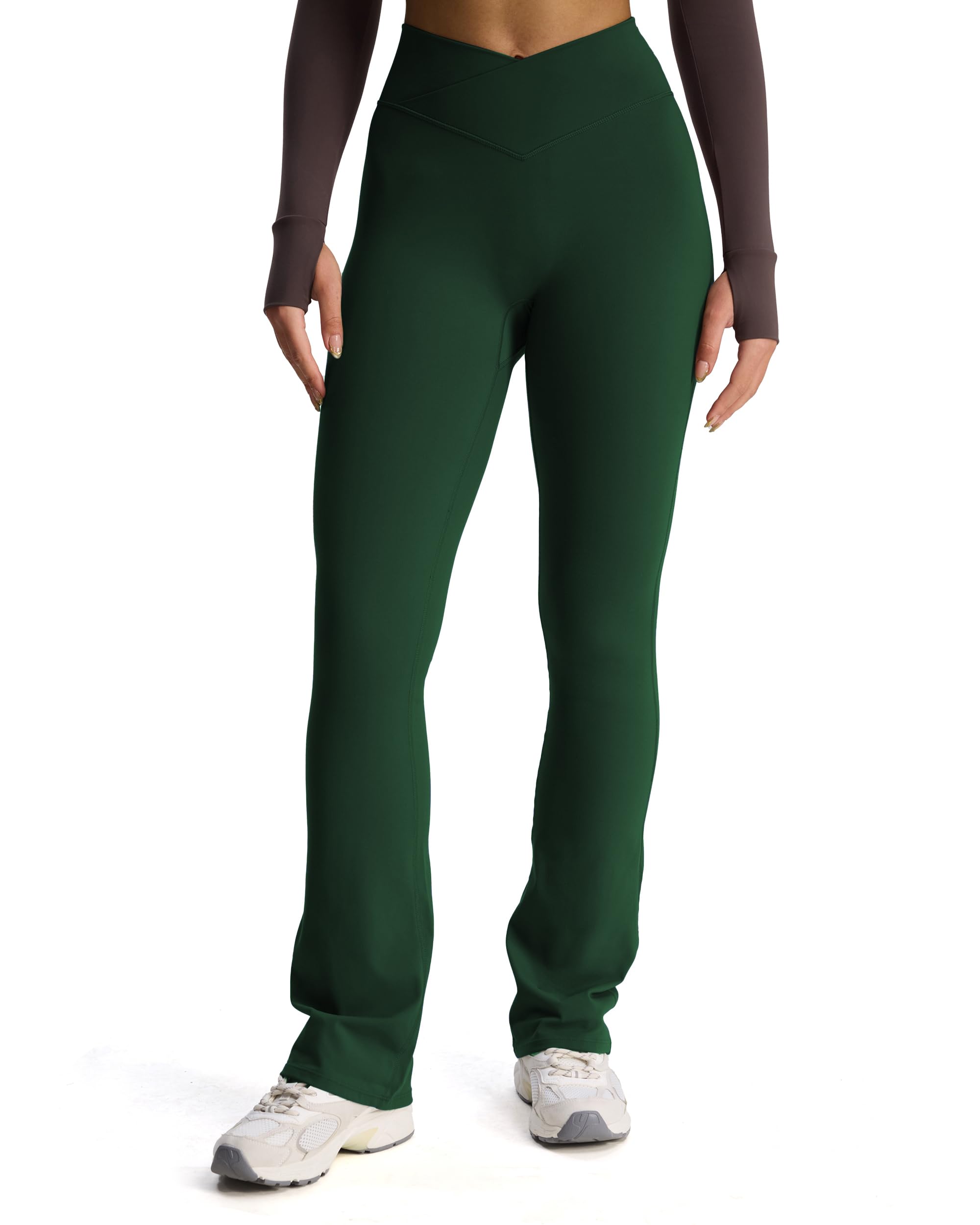Aoxjox Flare Leggings for Women Trinity Tummy Control High Waisted Wide Leg Crosswaist Yoga Pants 29"/31"/33" 31" Inseam Large Forest Green