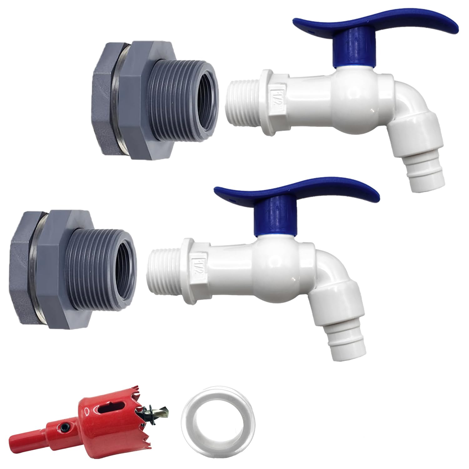 Paquete de 2 espigas de barril de lluvia, kit de grifo de barril de lluvia con sierra perforadora y accesorio de mamparo de PVC de 3/4 pulgadas para barril de agua, tanques de agua, barriles de