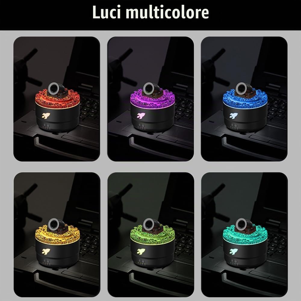 Umidificatore, Diffusore Cannone da Aromi con Nebbia di Vulcano Simulato, Umidificatori Ambiente Cannone Silenzioso con 7 Luci Colorate per Casa Ufficio Viaggio