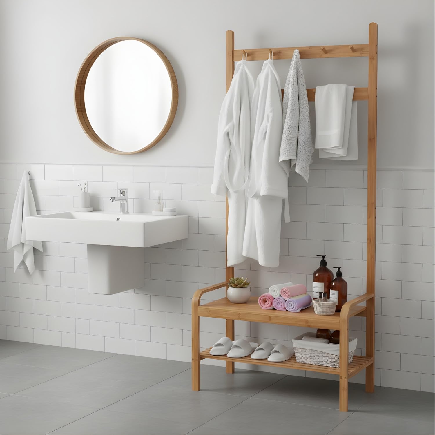 THINIA HOME - Perchero de Pie de Bambú Natural con Banco Zapatero y Ganchos de Madera, Organizador de Entrada, Dormitorio o Recibidor, Estilo Nórdico, 73.5x34.5x170 cm