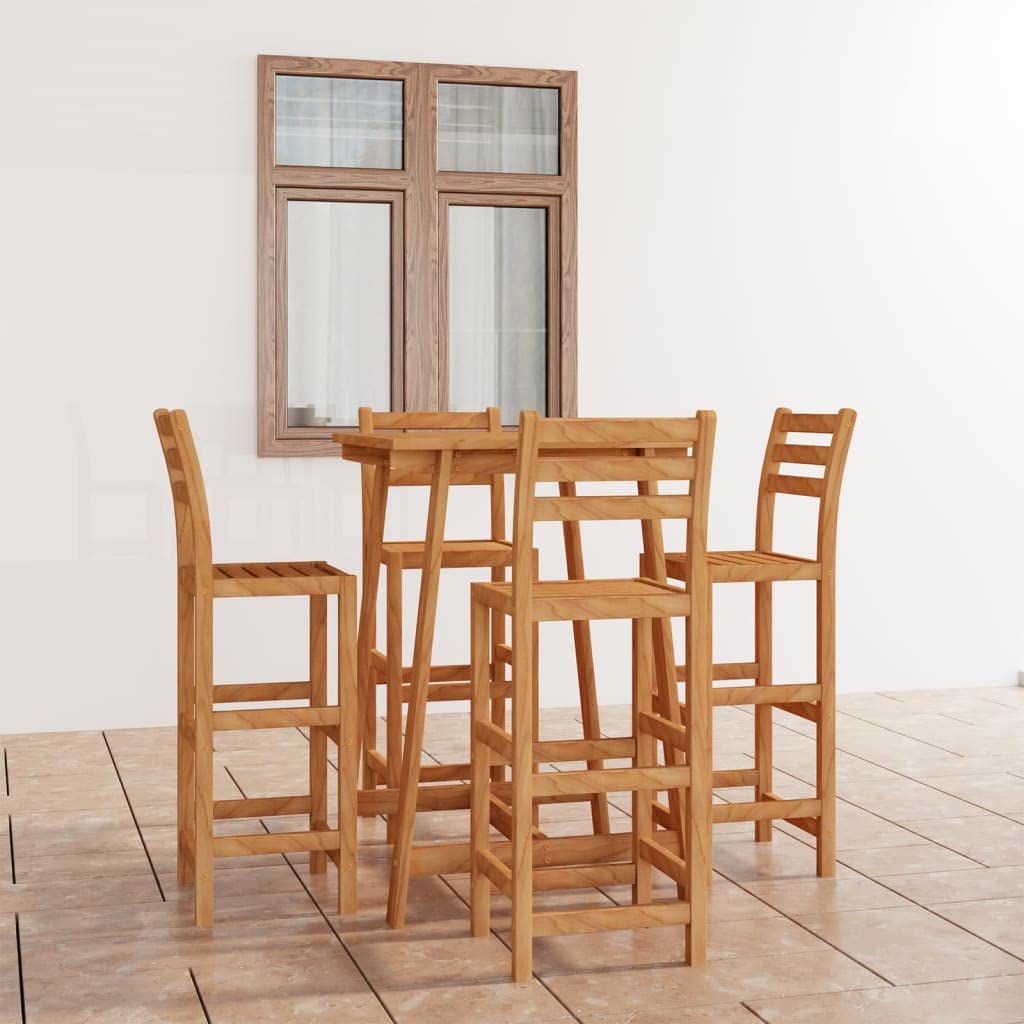 Juego de 5 piezas de muebles de bar de madera maciza de acacia para jardín, bar o patio, taburetes de bar con respaldo y reposapiés