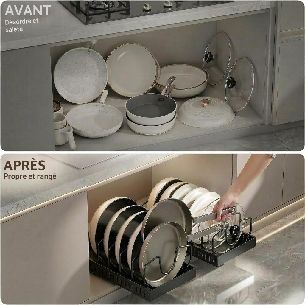 Rangement Poele et Casserole pour Tiroir Cuisine, Organiseur de Poêle avec 8 Compartiments Réglables, Porte-casseroles Support Coulissant, Range Couvercle (2 Pièce，Noir)