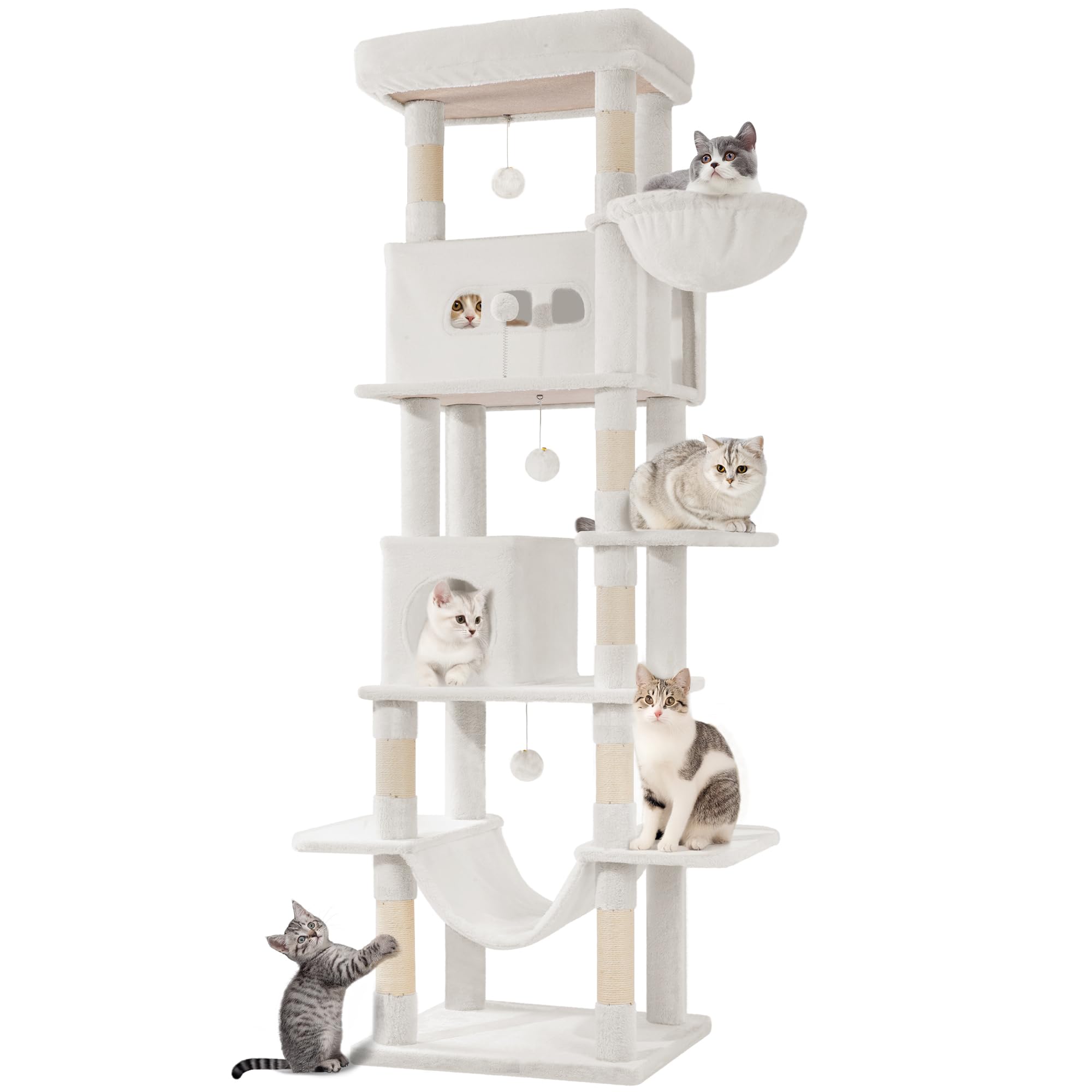 Hzuaneri Cat Tree for Indoor Cats, 210 cm Large Tall Cat Tower, Multi-Level Cats House with Condo, 8 Scratching Posts, Hammock, 4 Pom Poms, White MS21018WT
