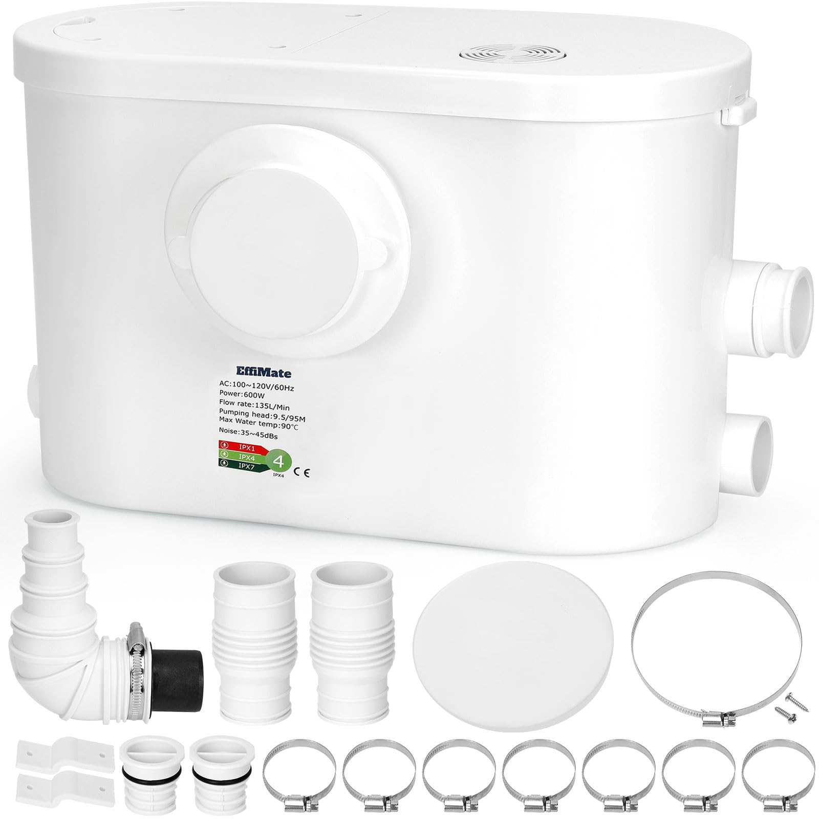 Macerator Pump, Silent 600W Sink Sewage Sump Pump, 8100 L/h Flow, Upflush 31.2 ft/9.5 m Head, 3 Water Inlets for Basement, Kitchen, Shower, Toilet, Bathtub Waste Water Disposal