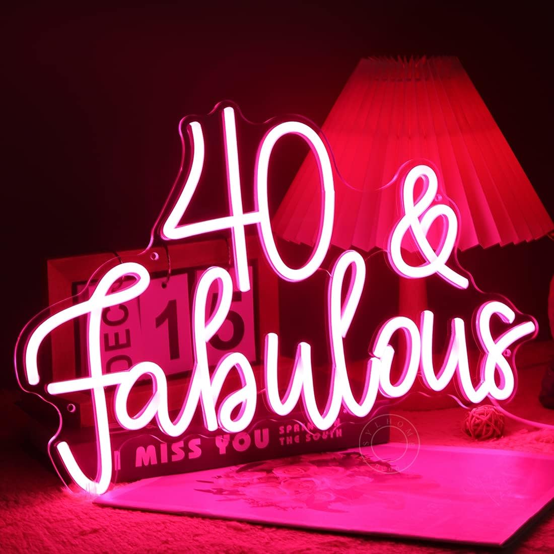 SYLHOME Pink 40 & Fabulous LED Neon Light Sign Forty Years Old Birthday Party Wall Decor Sign Bedroom Sign for Women Men Backdrop Happy 40th Birthday Party Favor Supplies USB 15.8" X 10.6"