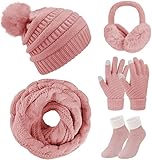 Set de Gorro Bufanda de Punto Invierno con Guantes de Pantalla Táctil Orejeras de Cálida Calcetines de Forro Polar 5 en 1...