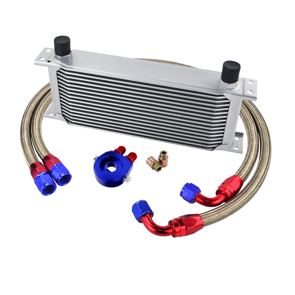 Enfriador De Aceite,Enfriador De Aceite Del Motor Kit de refrigerador de aceite de transmisión universal 16 filas + adaptador de sándwich de filtro de aceite + manguera de combustible trenzado de acer