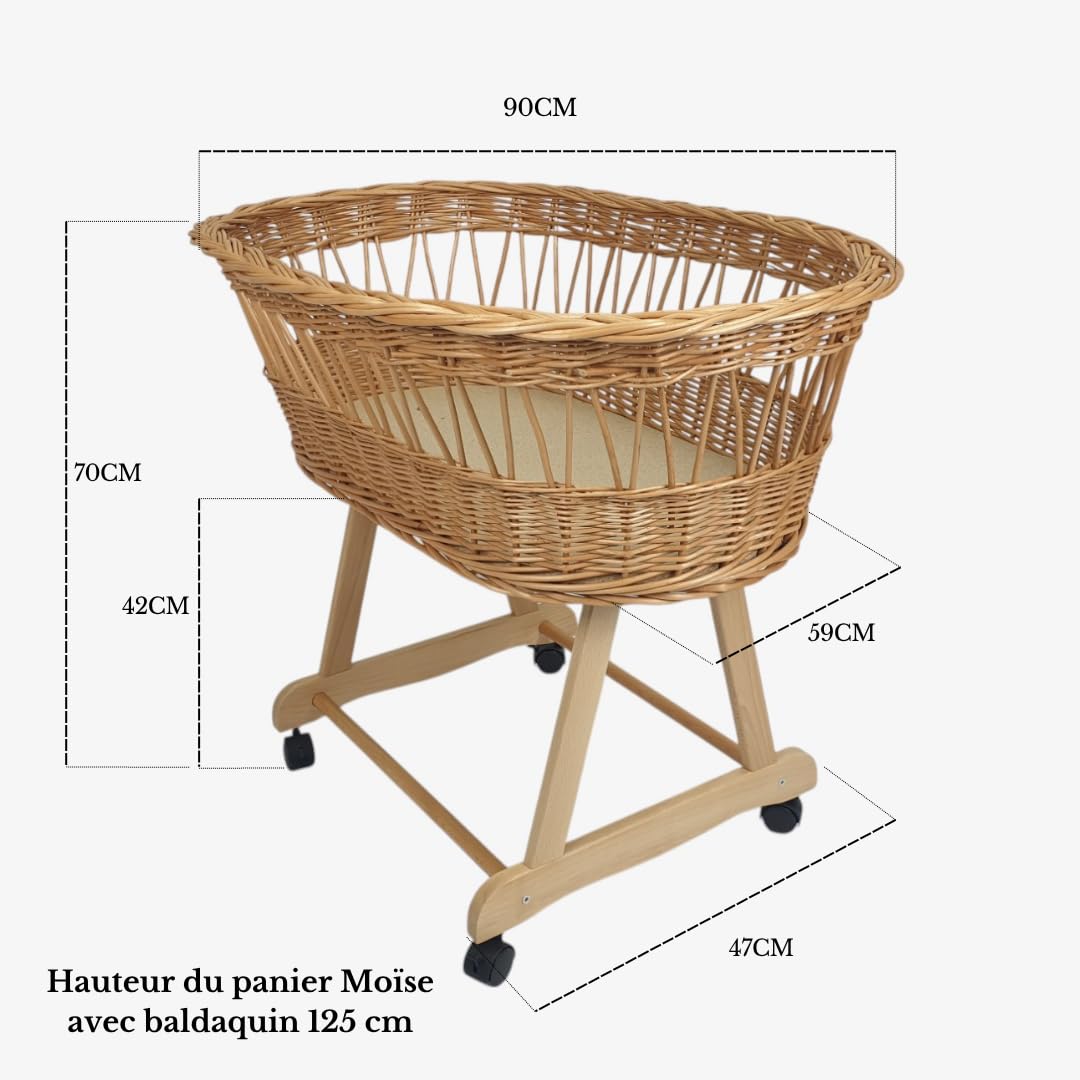 Wiklinopol Couffin Bébé avec Ciel de Lit – Berceau à roulettes en Osier avec Support – Ensemble Complet en Naturel avec 5 Pièces de Linge Nid d’Abeille Motif Safari Beige