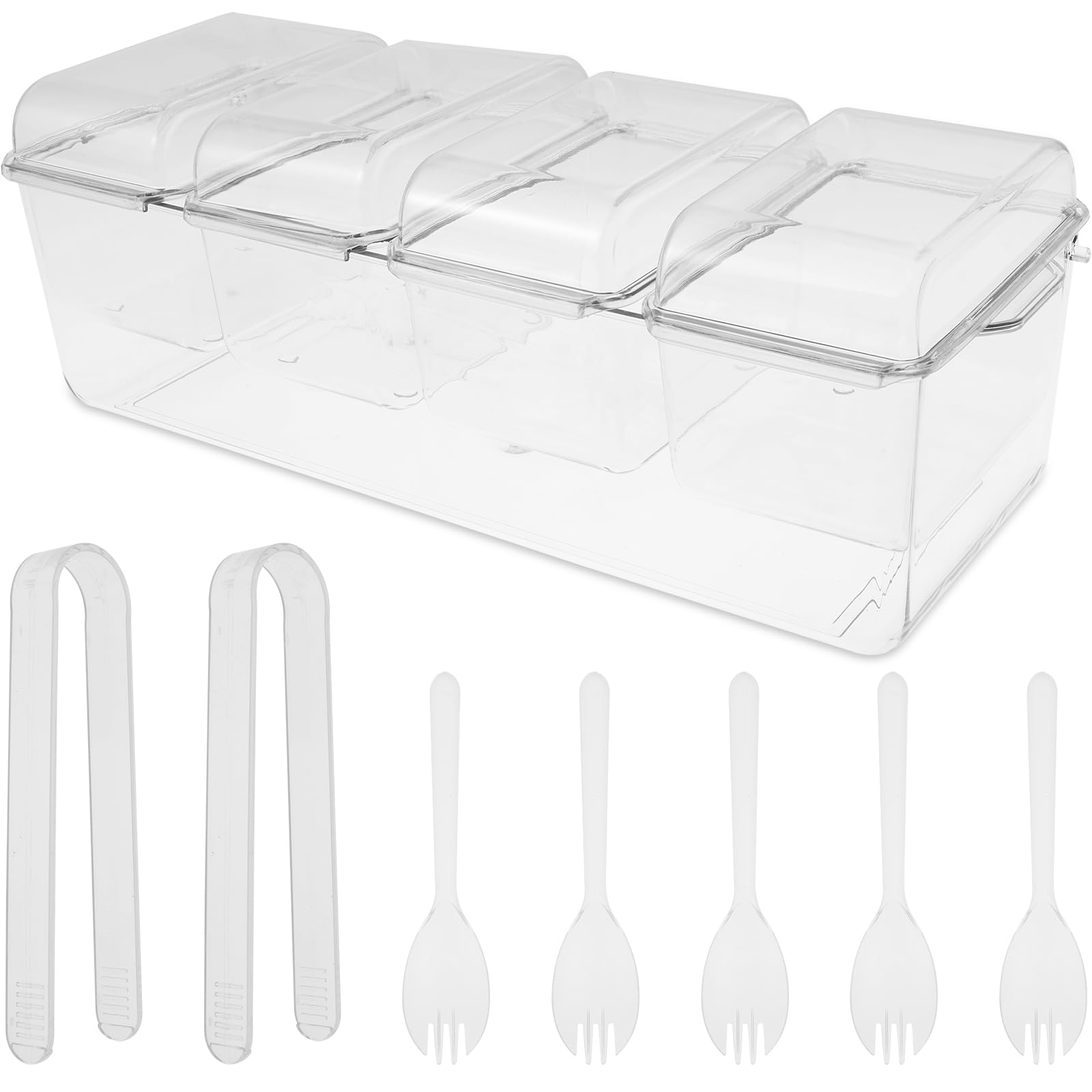Eyoulife Transparent Ice Chilled Condiment Caddy With 4 Containers & Tongs & Forks, Condiment Server Tray With Separate Lids, Serving Tray Platterfor Salad Bar, Fruit, Pizza, Fruit, Buffets, Party Accessories