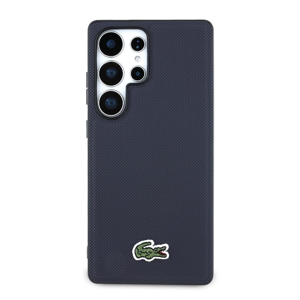 CG MOBILE Lacoste Iconic Petit Piqué Logo tissé Compatible avec MagSafe Coque pour Samsung Galaxy S25 Ultra (Bleu marine)