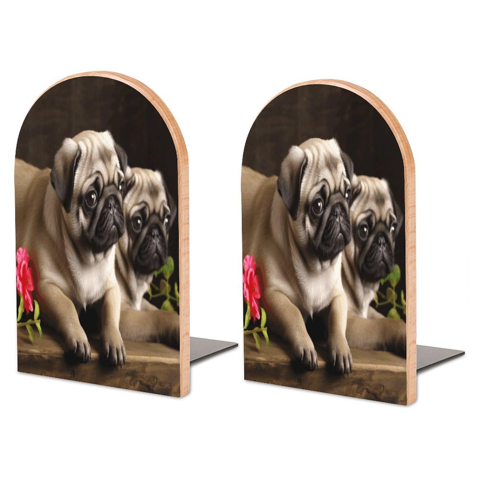 Personalized Puppys Pug Book Ends for Shelves, Large Heavy Duty Wooden Bookends with Non-Skid Metal Base Book Holder Decorative Book Stopper for Home Office Supplies 1 Pair