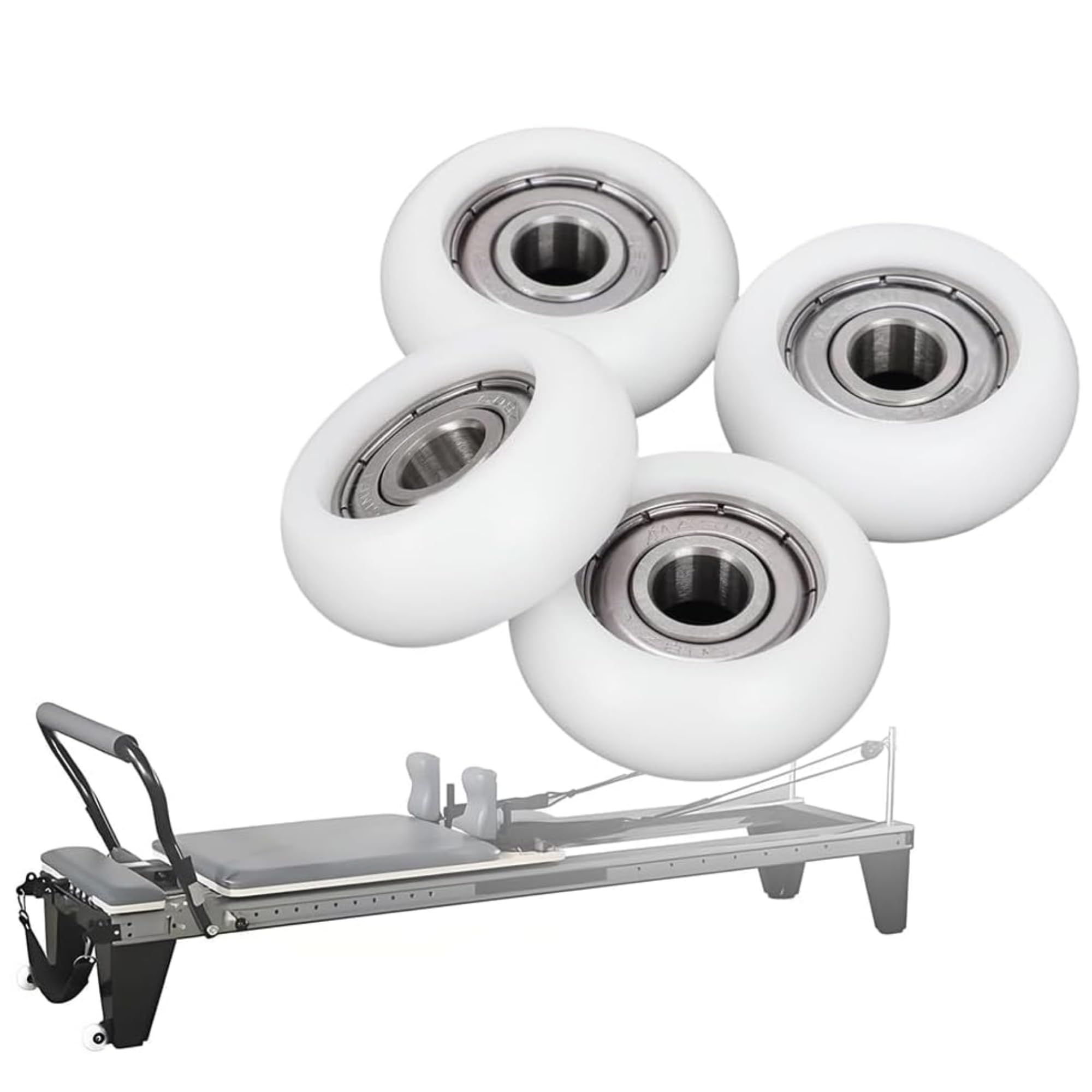 4 x White Replacement Wheels for Aero Pilates Reformer, POM and Stainless Steel, Quiet, Easy to Install