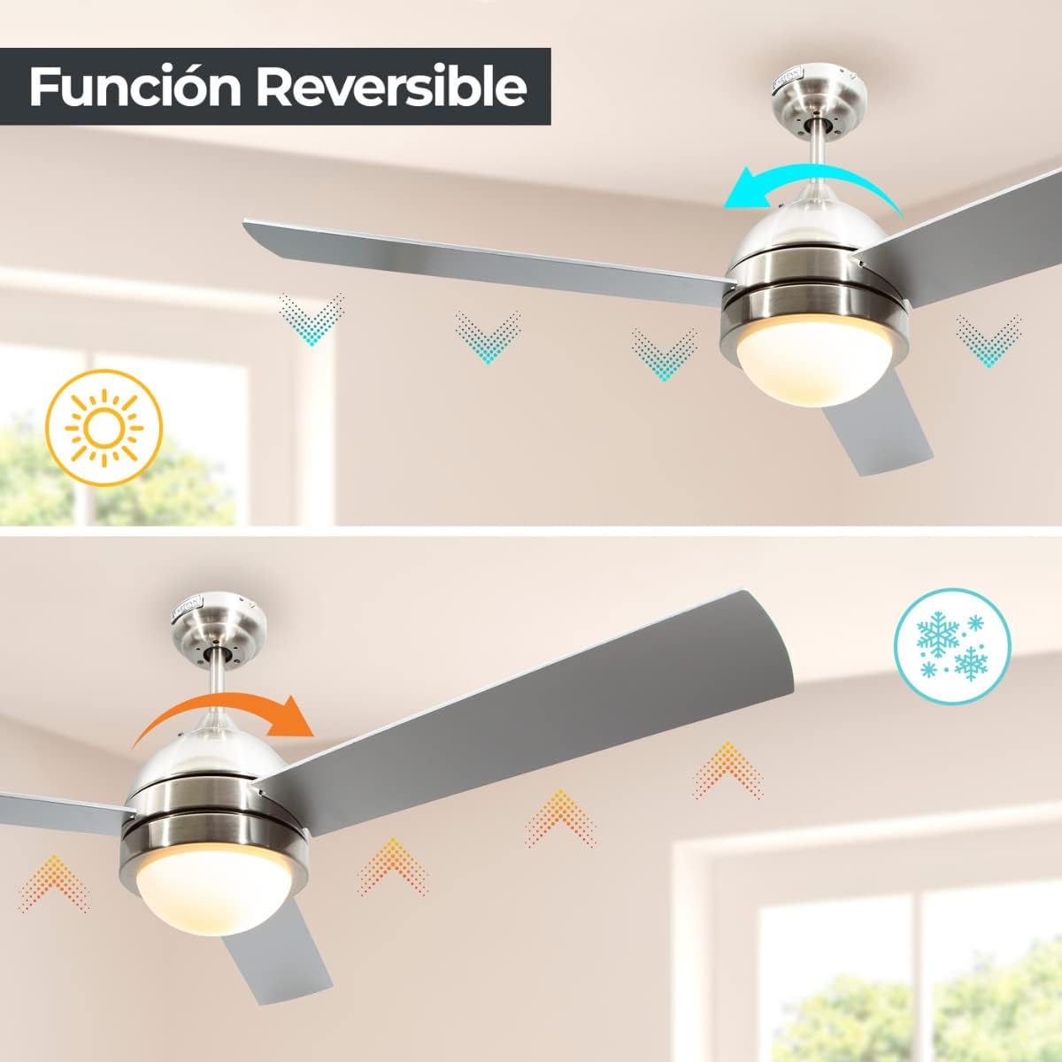 LAMPARAYA, Ceiling Fan 52", Satin Nickel Finish, 3 Blades, 1 Light E27 60W