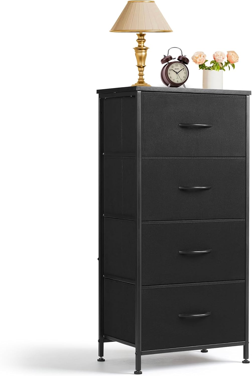 4 Drawer Dresser Nightstand End Table Bedside Furniture with Wooden Top Steel Frame Fabric Bins for Bedroom, Closet, Entryway, Dorm, Living Room, Black