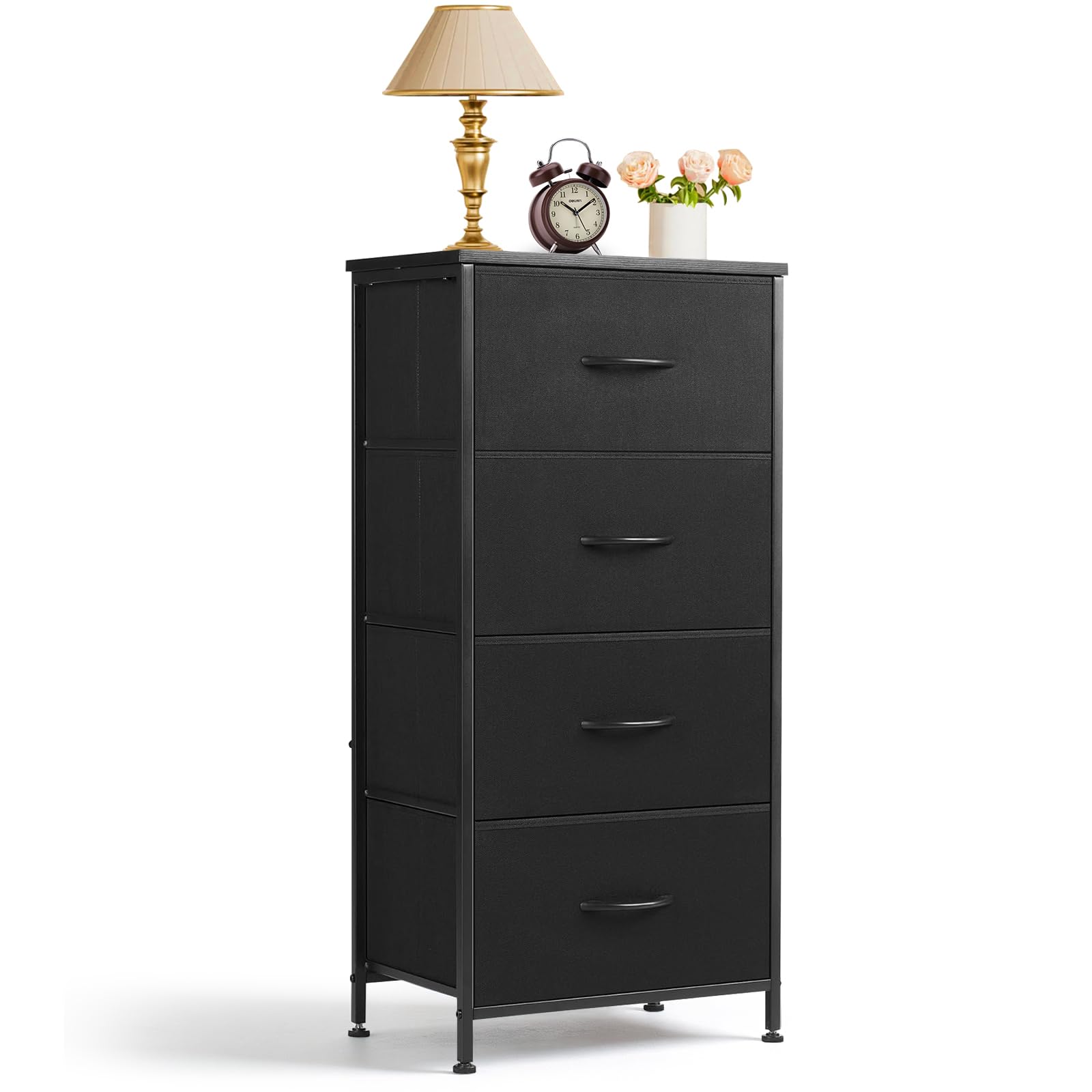 Nightstand, 4 Drawer Dresser End Table Bedside Furniture with Wooden Top Steel Frame Fabric Bins for Bedroom, Closet, Entryway, Dorm, Living Room, Black, Similar*