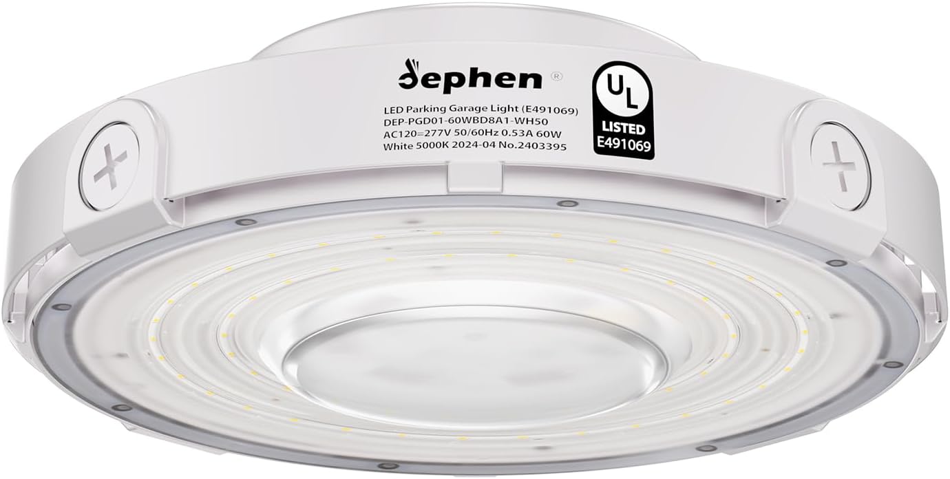 dephen 60W Round LED Canopy Lights, 5000K Garage Ceiling Lighting, 6900Lumens Low Bay AC120-277V Flood Lamp for Parking Gas Station Barn Warehouse Storage (UL-Listed)