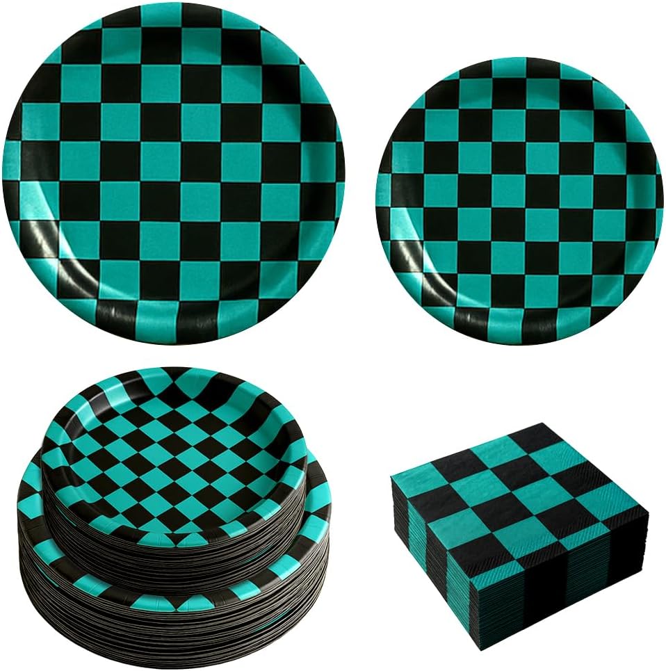 150 Pcs Black and Green Checkered Plates and Napkins for 50 Guests - Disposable Tableware Supplies for Demon Anime Themed Party - Party On Tap