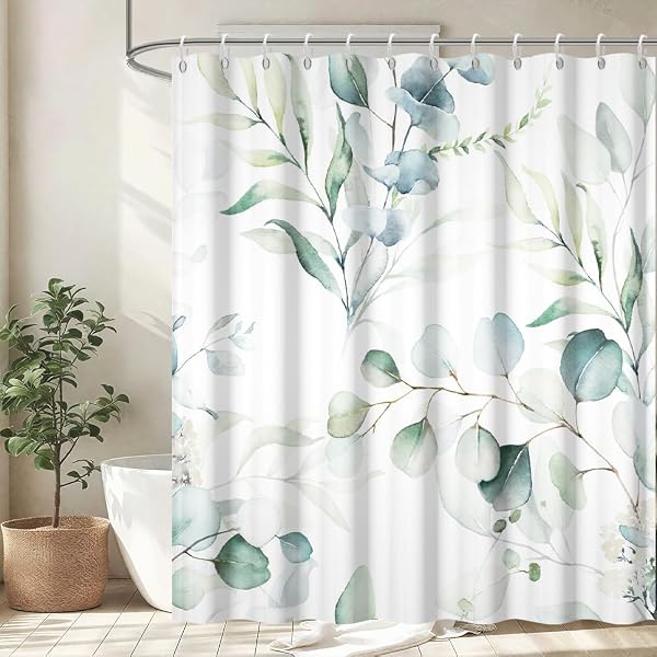Duschvorhang Grün, Uiiooazy Duschvorhang Eukalyptus 180x220cm Blau Blätter Weiß Blumen Pflanzen Duschvorhänge Anti Schimmel Wasserdicht Polyester Stoff Waschbar Bad Vorhang mit 12 Haken für Badezimmer - 1