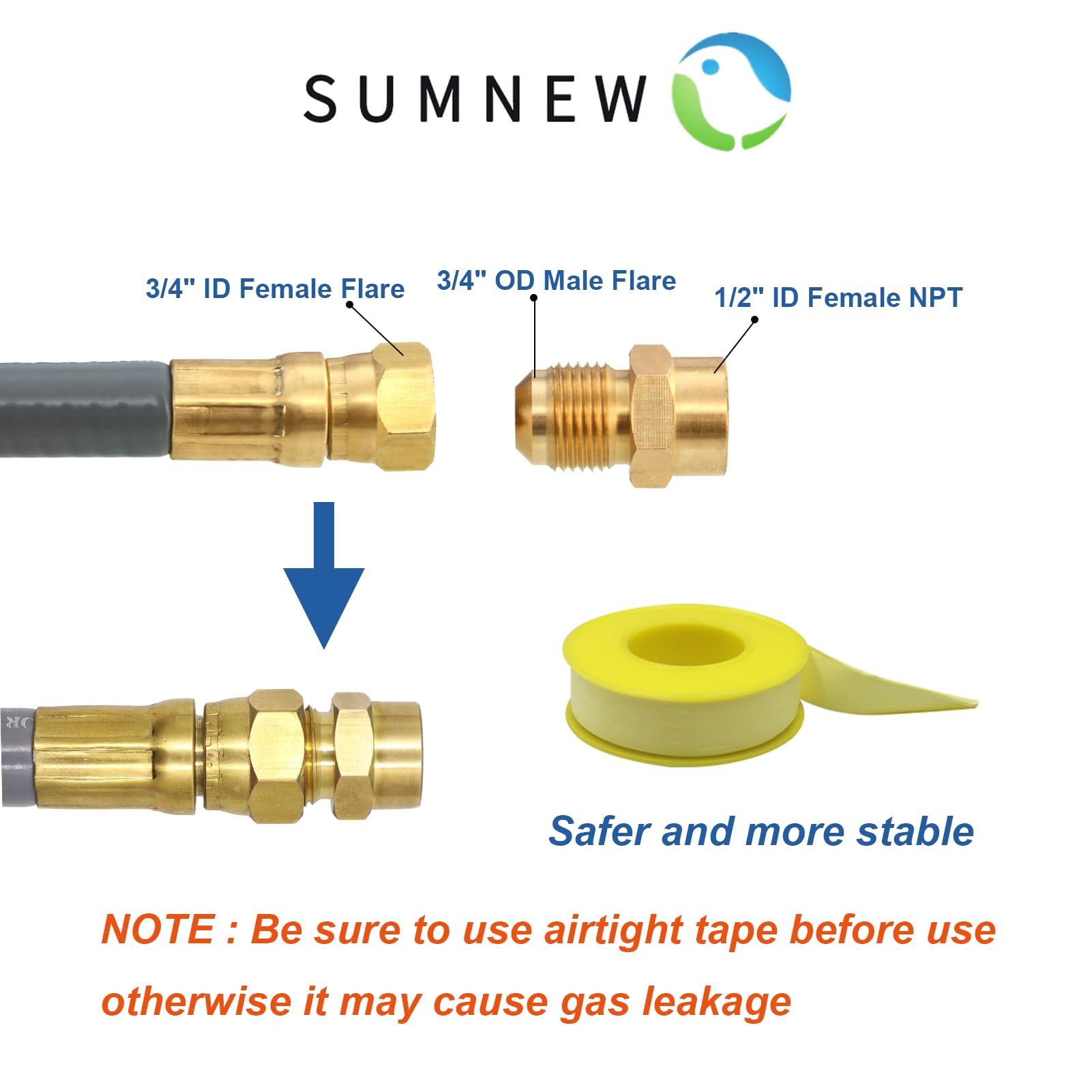SUMNEW Manguera de gas natural de 12 pies de diámetro interior de 1/2 pulgada, accesorios de conexión y desconexión rápida con adaptador hembra de 3/8 pulgadas por macho de 1/2 pulgada para parrilla,