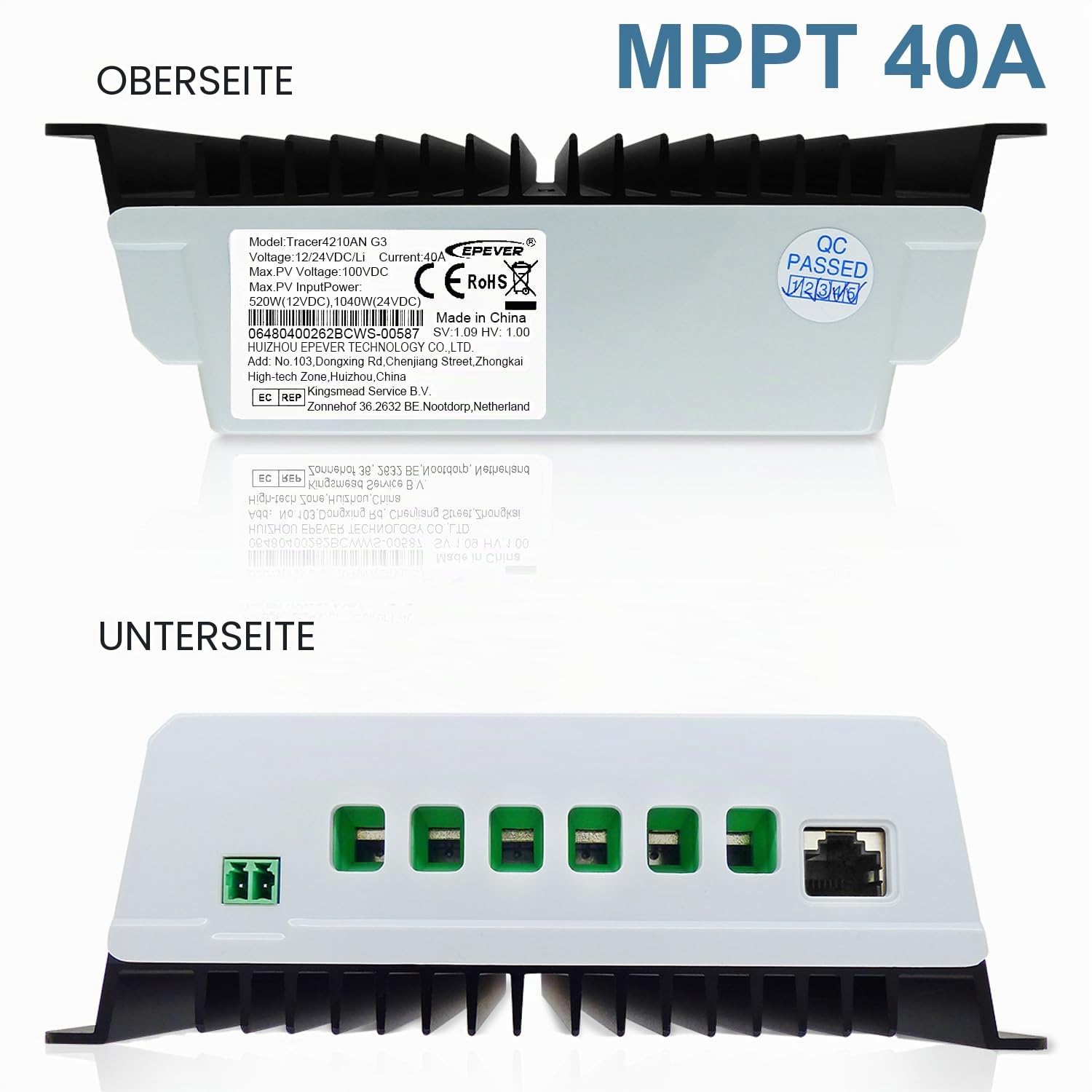EPEVER MPPT Laderegler 40A 12V/24V Auto Solarmodul Negative Erdung mit LCD Display max PV 100V Solarpanel Solarladeregler (Tracer4210AN)